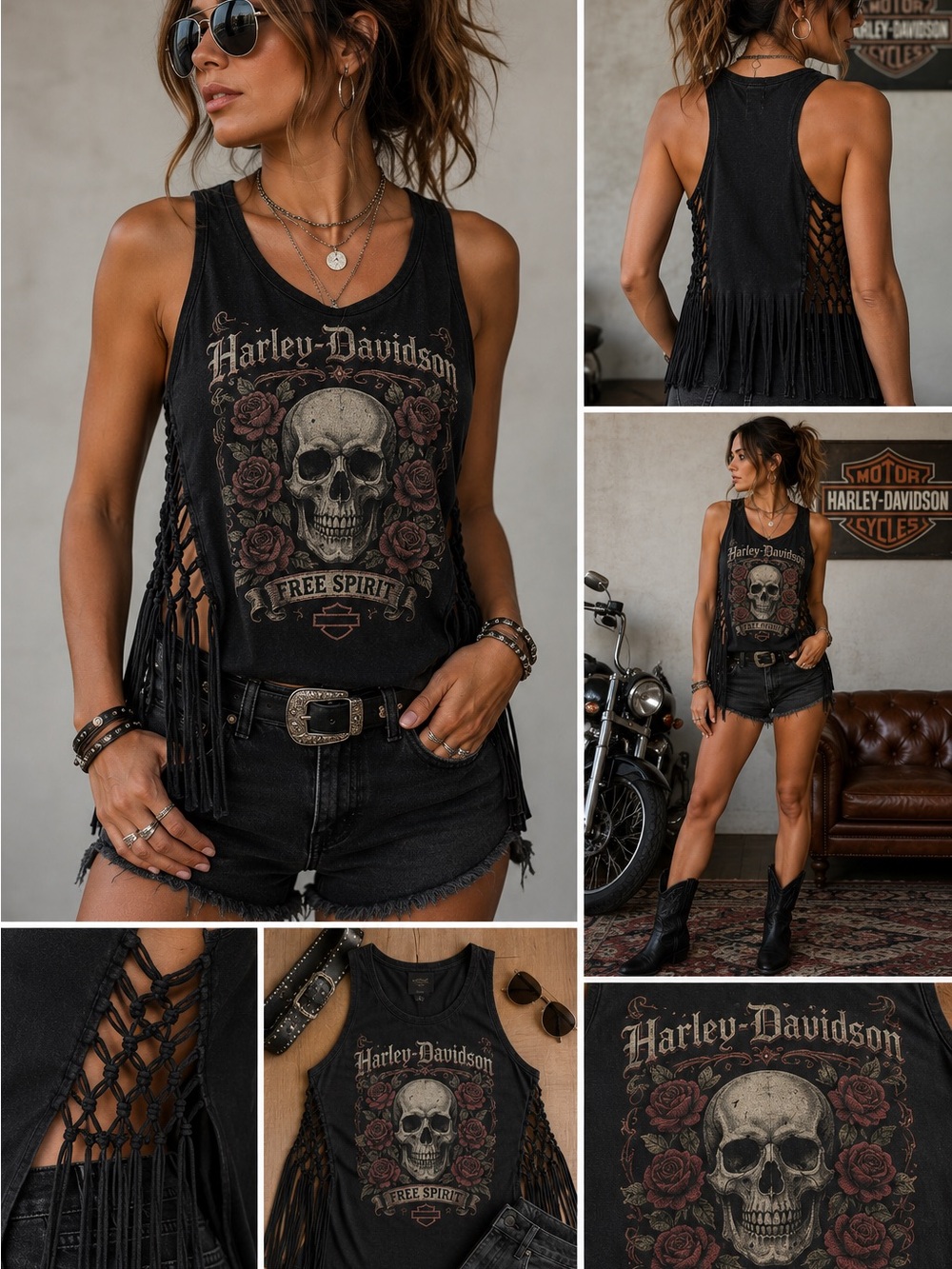 Harley-Davidson Fringe Tank Skull Roses Biker Boho Graphic Top M/L